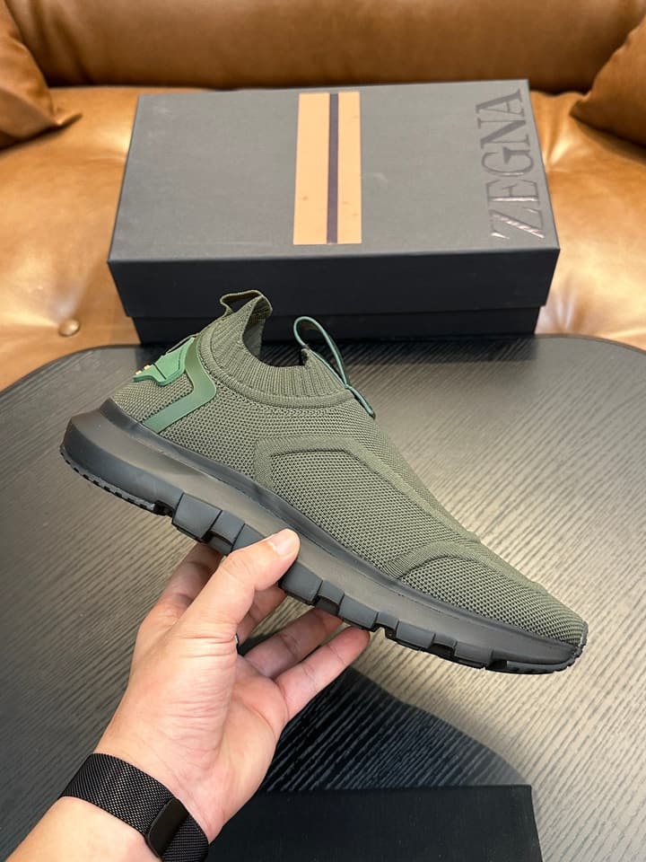 Zegna Techmerino Slip-On Sneakers in Dark Navy With Green Accent