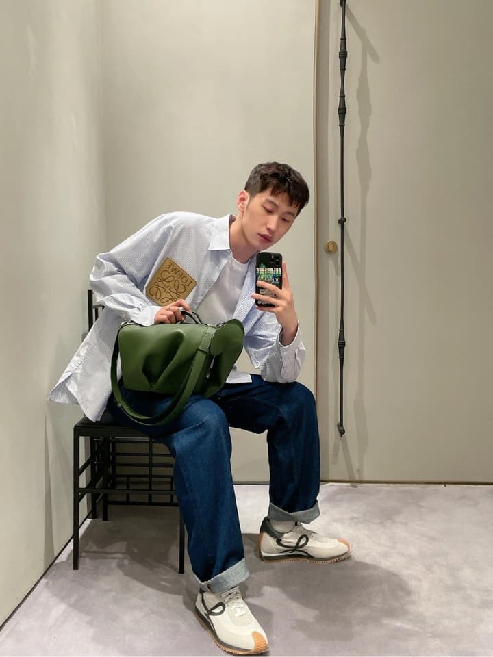 Loewe Embossed Logo Suede Pocket Striped Shirt in Tan Loewe Pouch, Light Blue Overshirt, Black Skirt - View 1