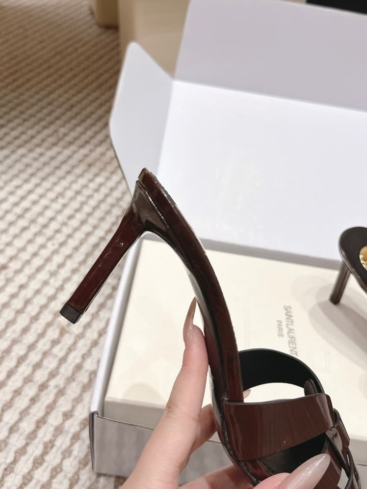 Saint Laurent Melody Square-Toe Heeled Sandals – 2026 Spring/Summer Collection in Beige Patent
