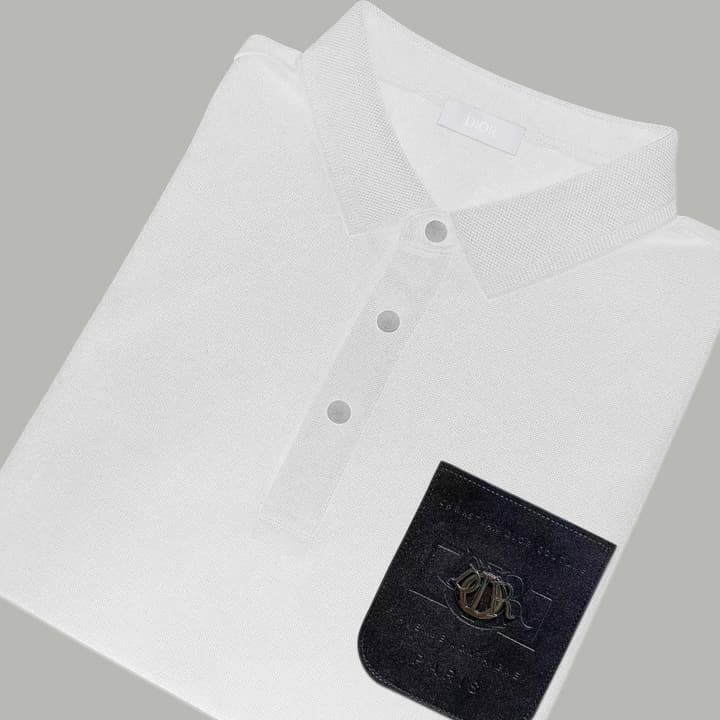 Dior Silk Long Sleeve Polo Shirt with Metal Patch in White With Solid Pocket