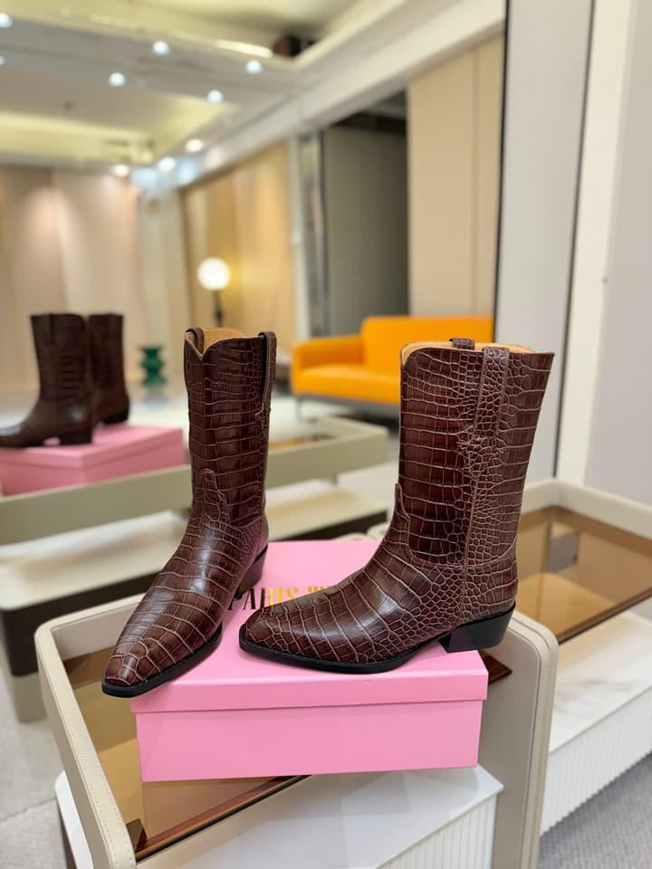 Paris Texas Crocodile Embossed Western Ankle Boots in Chocolate Croc