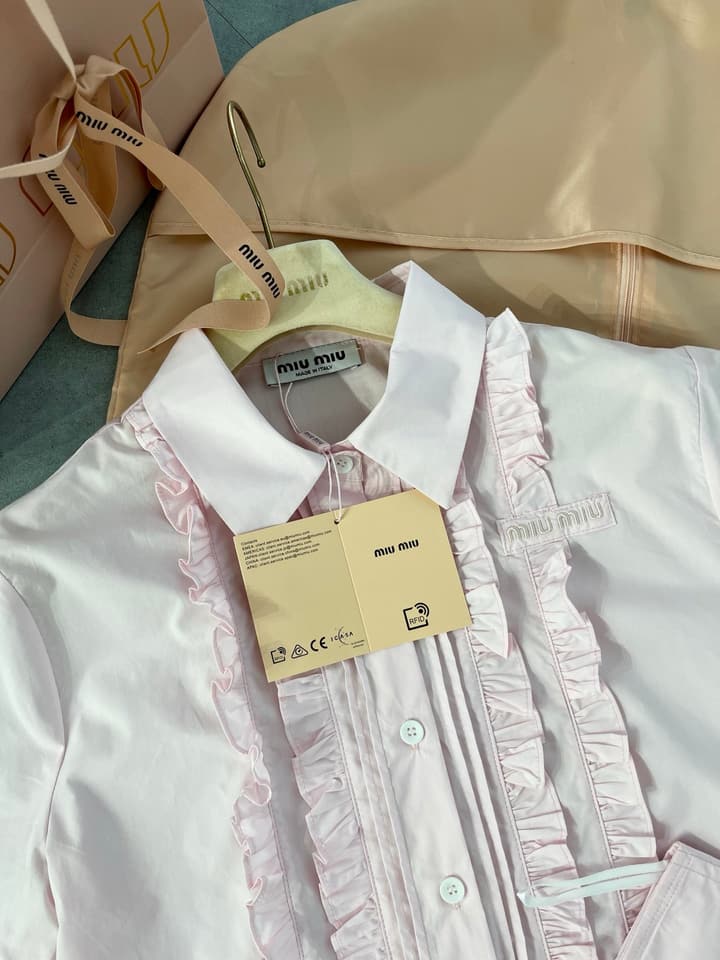 Miu Miu Embroidered Ruffle Shirt and Pleated Skort Set in Pink