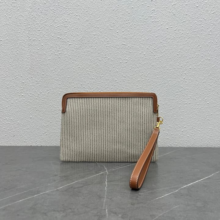 Celine Striped Woven Clutch Bag in Striped Canvas With Brown Logo