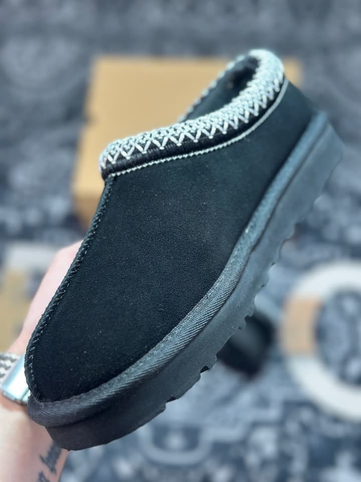 UGG Tazz Thin Sole Sheepskin Snow Boots in Black With White Patterned Trim
