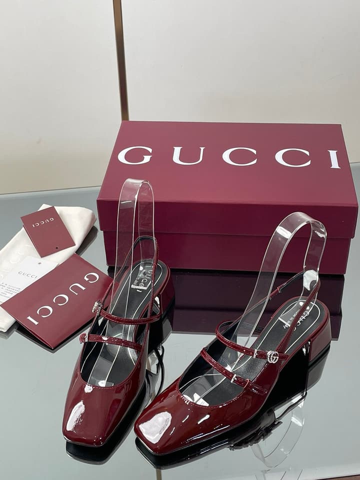 Gucci Crystal Double G Slingback Pumps – 2025 Fall Collection in Burgundy Red