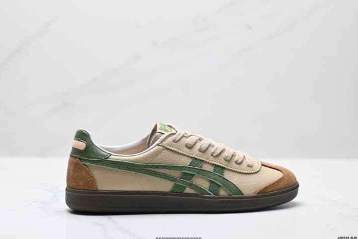 Onitsuka Tiger Tokuten Retro Low-Top Sneakers in Beige With Green Stripes And Brown Accents