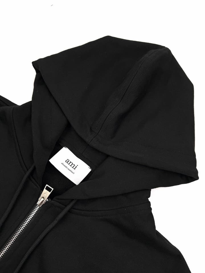 Ami Paris Heart Embroidery Zip Jacket in Black With Red Heart Logo