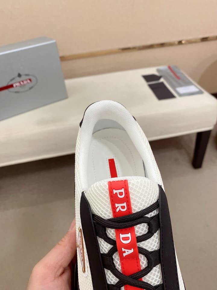 Prada Men's Leather Mesh Sneakers – New Collection in Light Grey With White Logo