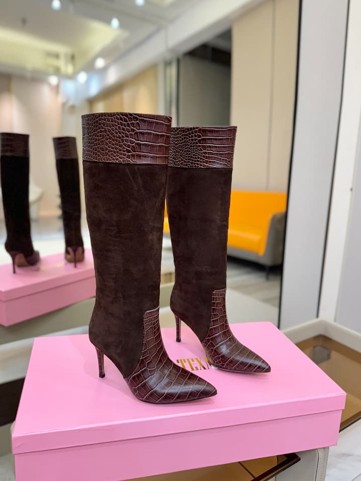 Paris Texas Crocodile Embossed Stiletto Knee-High Boots in Black Suede And Leather