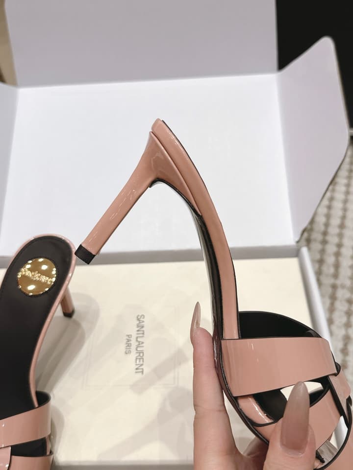 Saint Laurent Melody Square-Toe Heeled Sandals – 2026 Spring/Summer Collection in Beige Patent