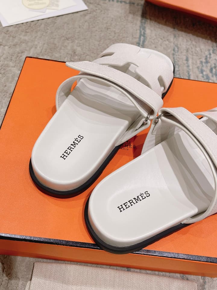 Hermès Chypre Suede Unisex Slides in Black With Dark Blue Strap