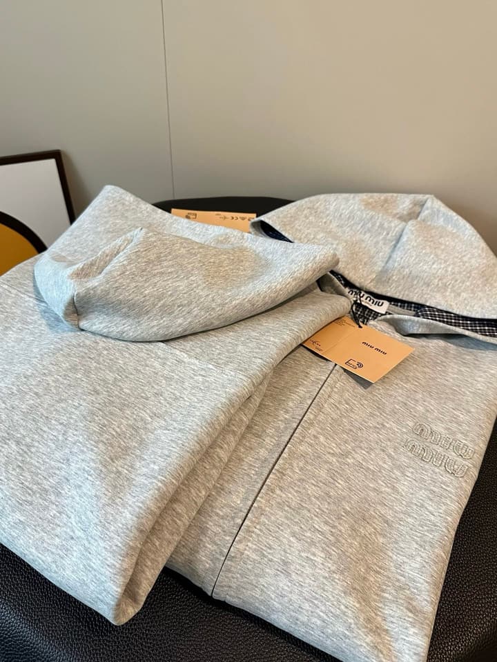 Miu Miu Heavy Patch Logo Plaid Hooded Zip Jacket