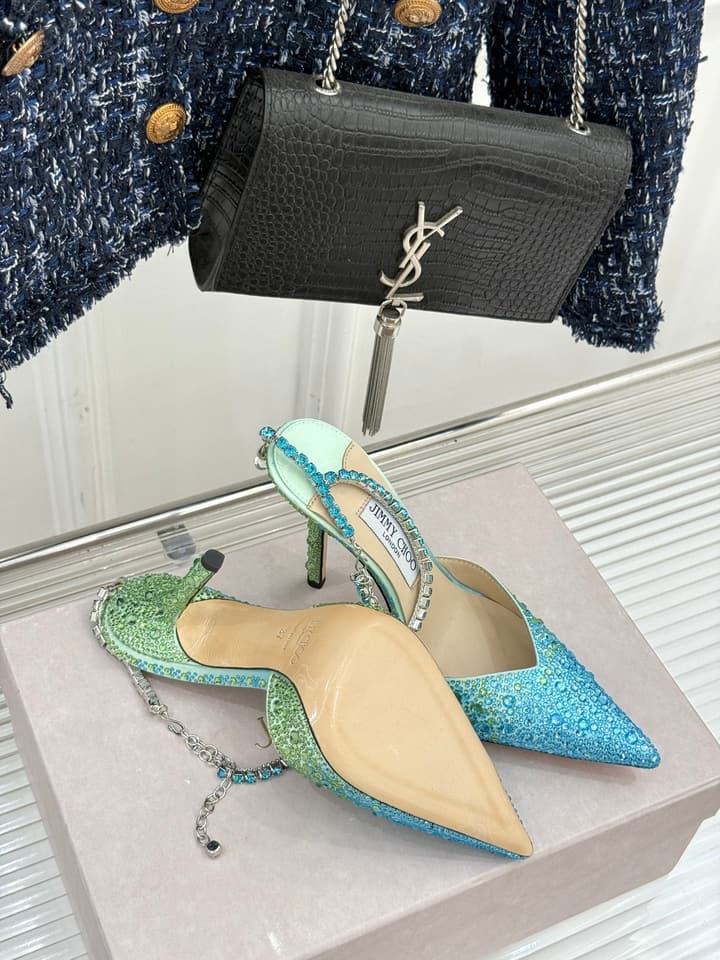 Jimmy Choo Classic Crystal Pointed High-Heeled Sandals in Lavender Yellow Ombre