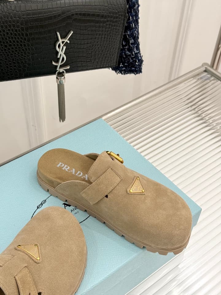Prada Triangle Logo Birkenstock Slippers – Spring/Summer Collection in Black Suede
