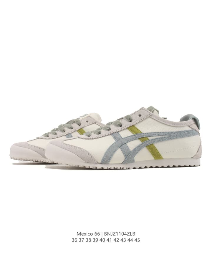 Onitsuka Tiger Mexico 66 Classic Retro Sneakers in Cream With Grey And Lime Stripes