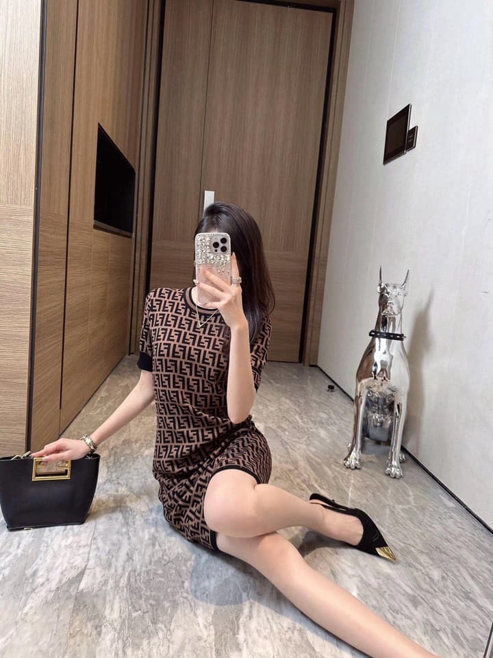 Fendi Double F Monogram Jacquard Knit Dress in Coffee Monogram Knit Dress