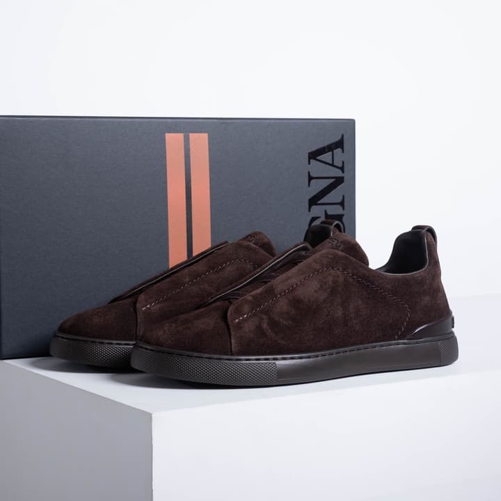 Zegna SECONDSKIN Triple Stitch Low-Top Sneakers in Navy Smooth Leather