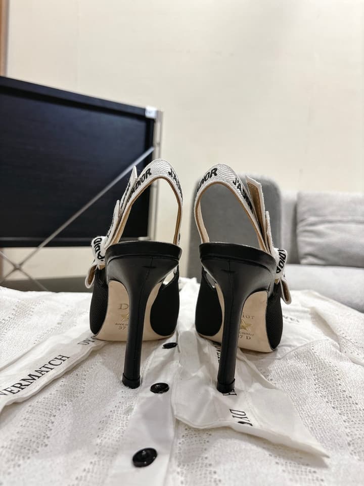Dior J'Adior Embroidered Kitten Heel Sandals in Black Shimmer Fabric