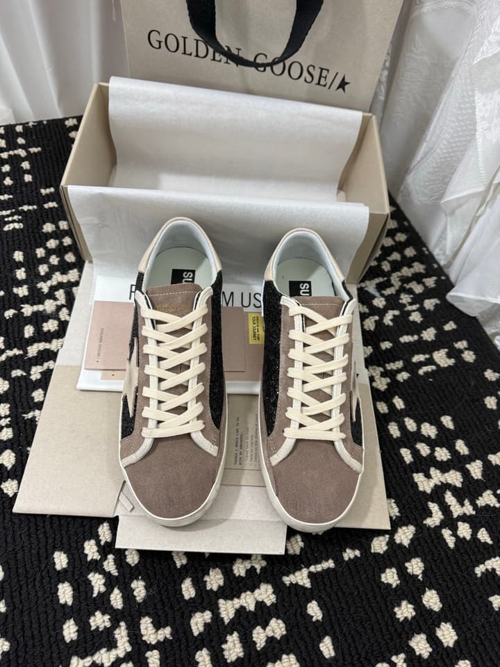 Golden Goose Super Star Rhinestone Leather Sneakers in Grey Suede Black Leather White Star