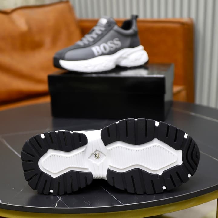 Boss Men's Luxury Running Sneakers in Black Mesh With White Sole