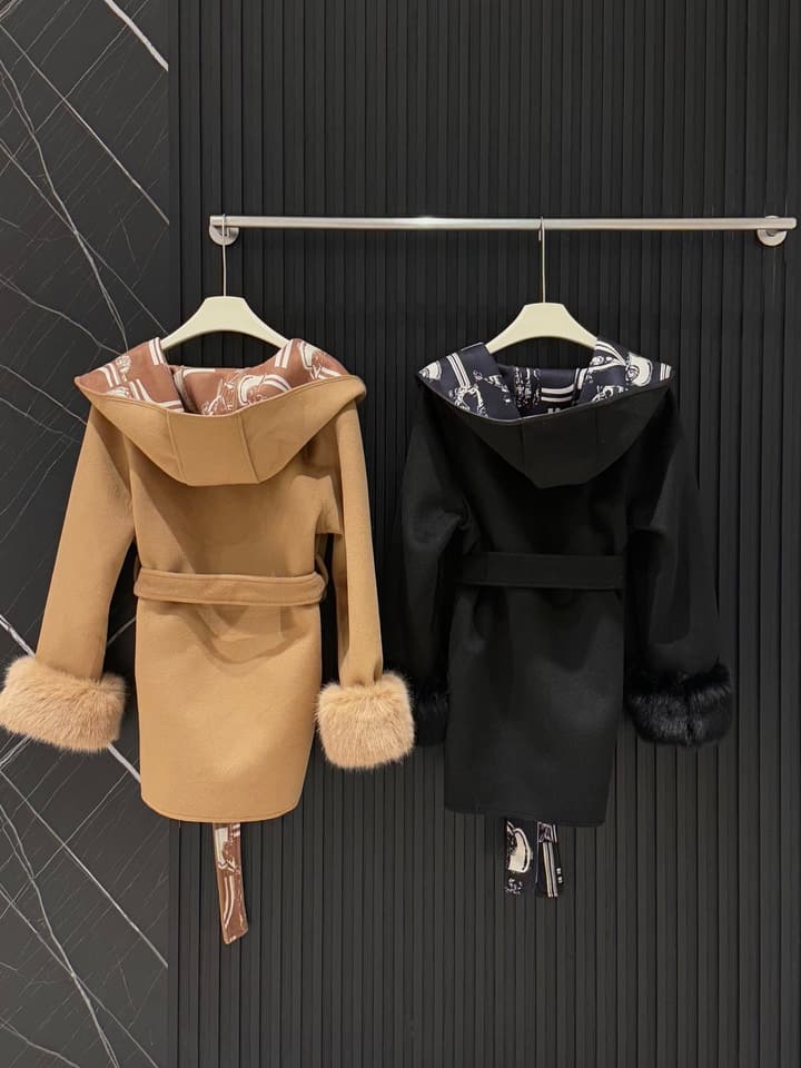 Hermès Old Money Detachable Faux Fur Sleeve Coat in Black With Patterned Reversible Side
