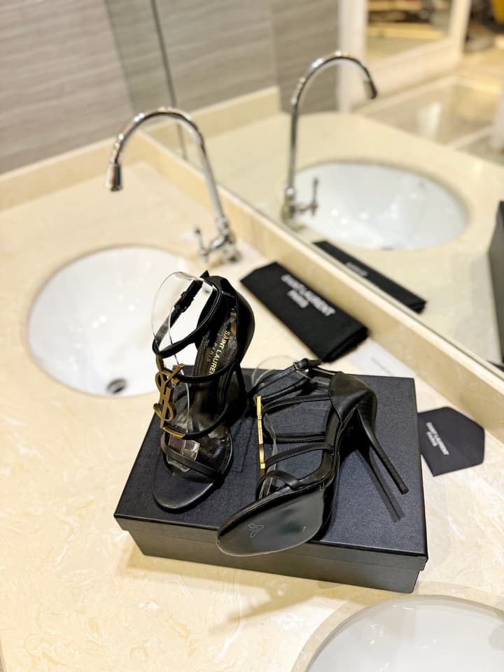 Saint Laurent YSL Logo Lacquer Heeled Sandals in Black Matte With Black Logo