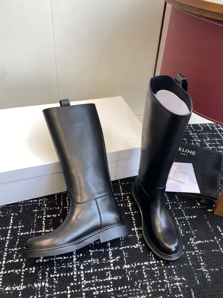 Celine Triomphe Equestrian Ankle Boots – 2025FW in Waxed Black Leather