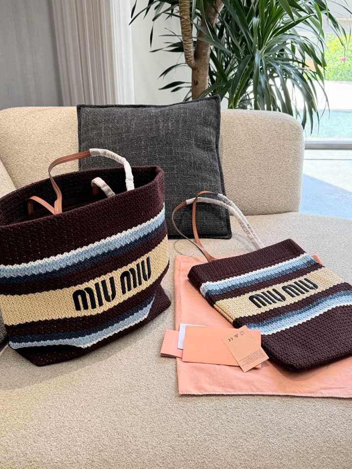 Miu Miu Striped Crochet Tote Bag in Brown Striped Horizontal Crochet Tote
