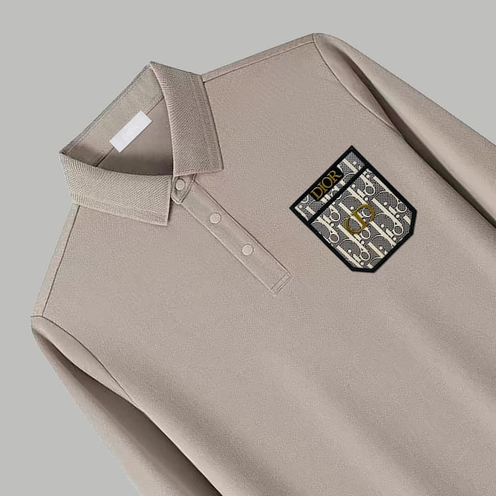 Dior Silk Long Sleeve Polo Shirt with Metal Patch in White With Solid Pocket