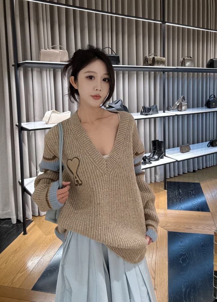 AMI Paris Warm Khaki V-Neck Sweater in Warm Khaki With Blue Color Block Sleeves