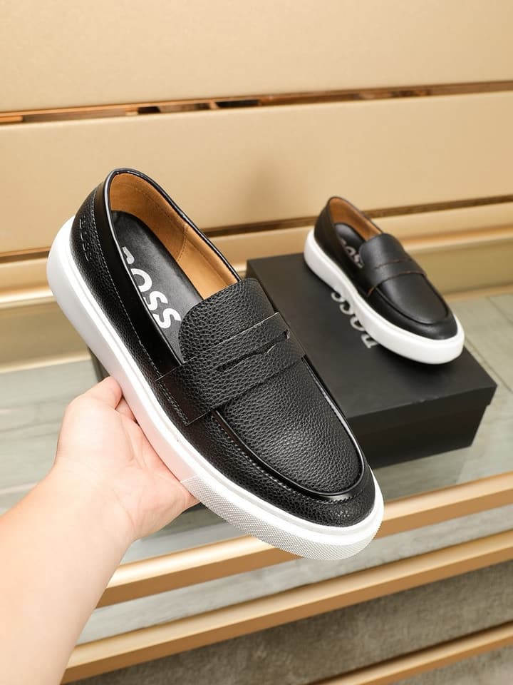 Boss Men's Luxury Leather Slip-On Loafers in Black Smooth Leather