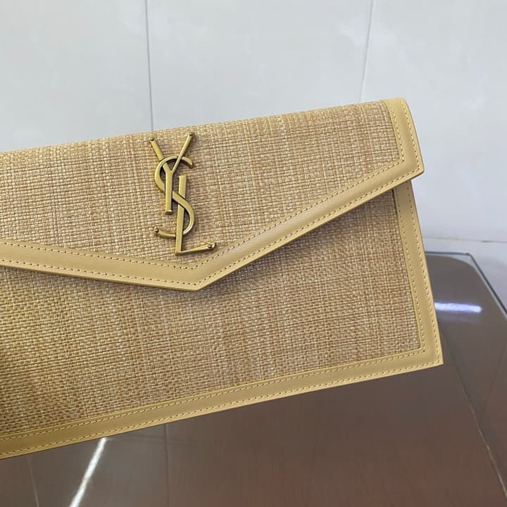Saint Laurent Uptown Raffia Clutch Bag in Natural Raffia Beige