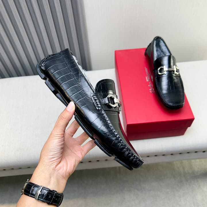 Ferragamo Imported Cowhide Fur-Lined Loafers in Black Patent Leather