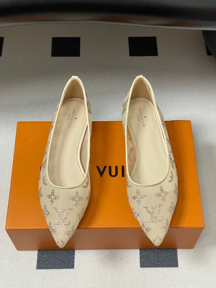 Louis Vuitton Mesh Crystal Pointed-Toe Flats – 25SS Summer Collection in Black Patterned