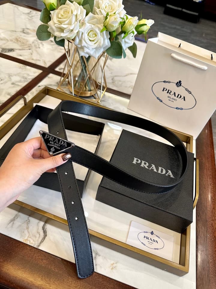 Prada Classic Fashion Belt – 3.0cm in Saffiano Black Leather With Silver Buckle
