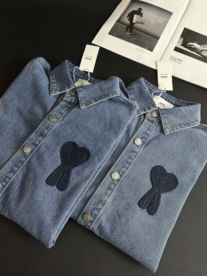AMI Paris Heart Embroidery Distressed Denim Jacket in Distressed Blue Denim