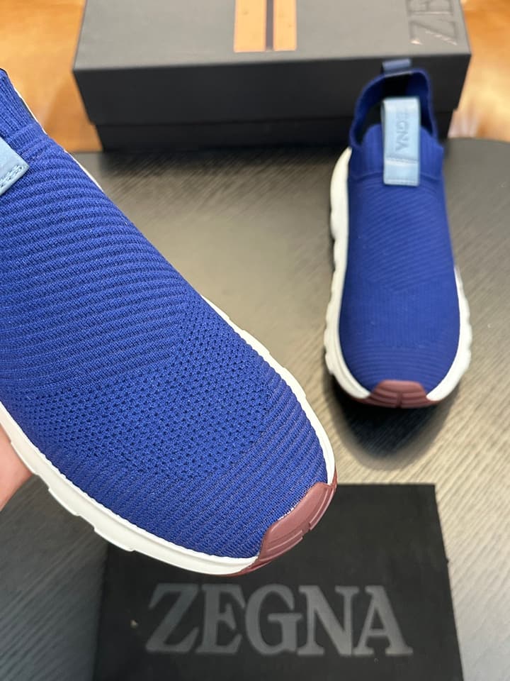 Zegna Techmerino Slip-On Sneakers in Dark Navy With Green Accent