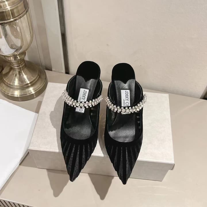Jimmy Choo Pointed Toe Crystal Heeled Sandals – 2025 Collection in Black Suede