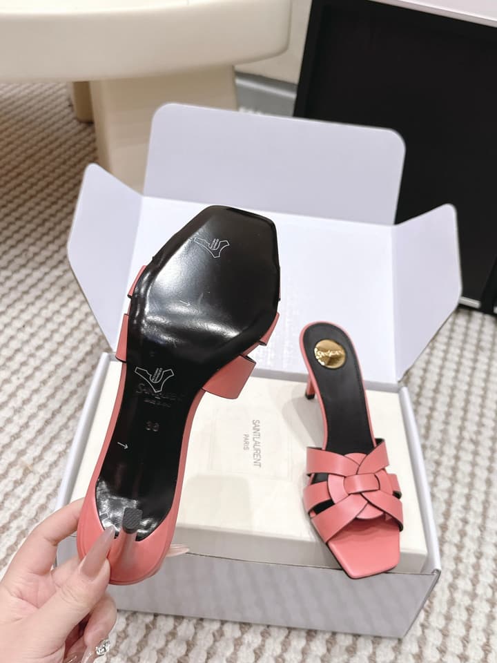 Saint Laurent Melody Square-Toe Heeled Sandals – 2026 Spring/Summer Collection in Beige Patent