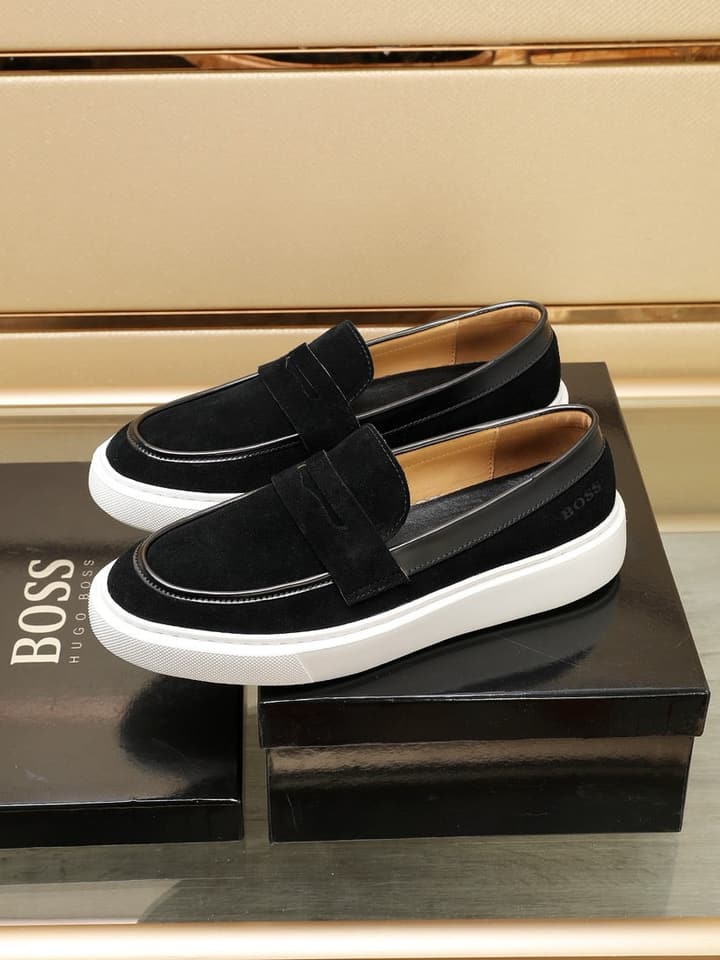 Boss Men's Luxury Leather Slip-On Loafers in Black Smooth Leather