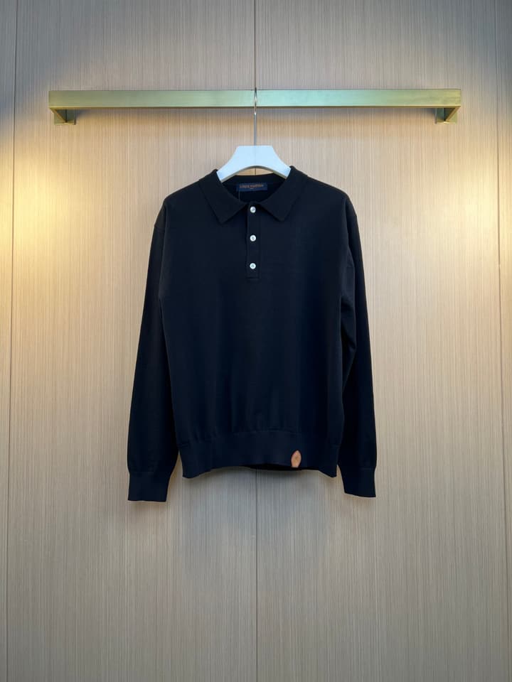 Louis Vuitton Monogram Leather Patch Knit Long-Sleeve Polo Shirt – 26SS Early Spring Collection in Black