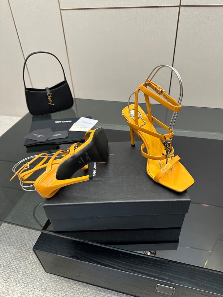 Saint Laurent Patent Leather Heeled Sandals in Bright Amber