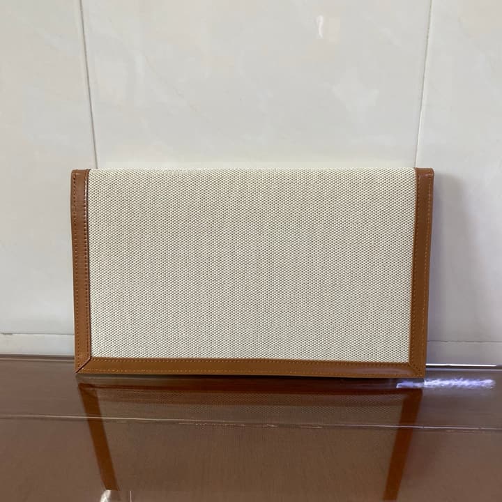 Saint Laurent Uptown Canvas Clutch Bag in Canvas With Caramel Trim