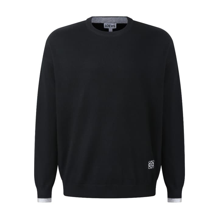 Loewe Embroidered Anagram Wool Crewneck Sweater in Black With Grey Cuffs