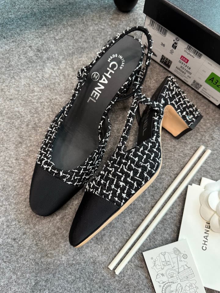 Chanel Classic Slingback Heels in Bright Black And White Tweed