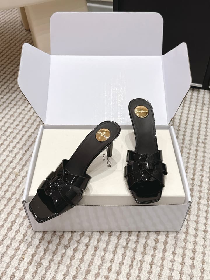 Saint Laurent Melody Square-Toe Heeled Sandals – 2026 Spring/Summer Collection in Beige Patent