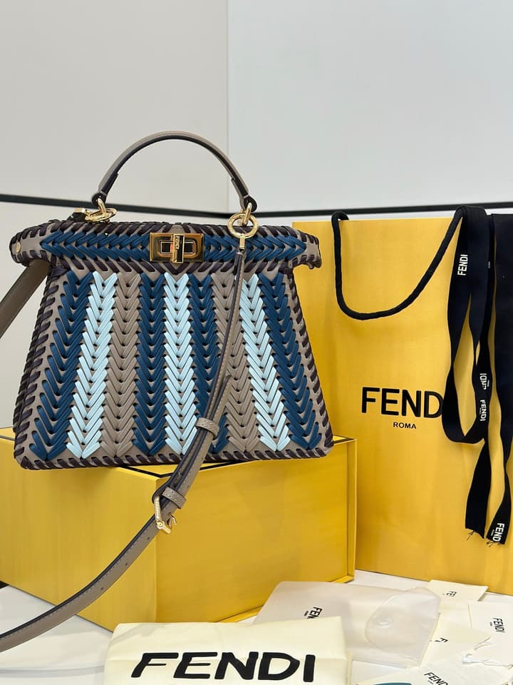 Fendi Peekaboo ISeeU Woven Leather Handbag in Blue Multi-stripe Woven