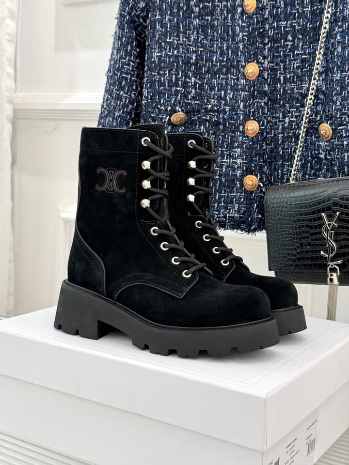 Celine Classic Triomphe Platform Martin Boots in Black Leather