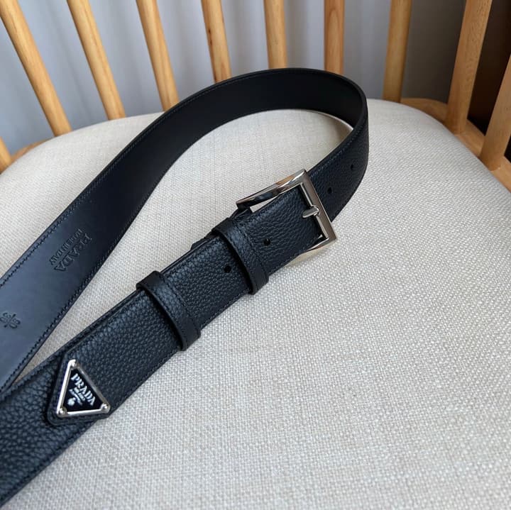Prada Leather Belt with Triangle Logo in Black Leather Gold Buckle