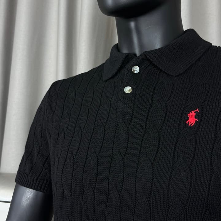 Ralph Lauren Classic Cable Knit Polo Sweater in Black